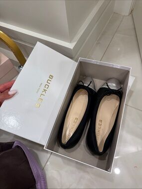 Buckle Black Flats with Silver Toe Cap
